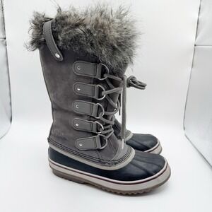 Sorel Joan of Arctic Grey Black Waterproof Faux Fur Leather Suede Size 8 - Read